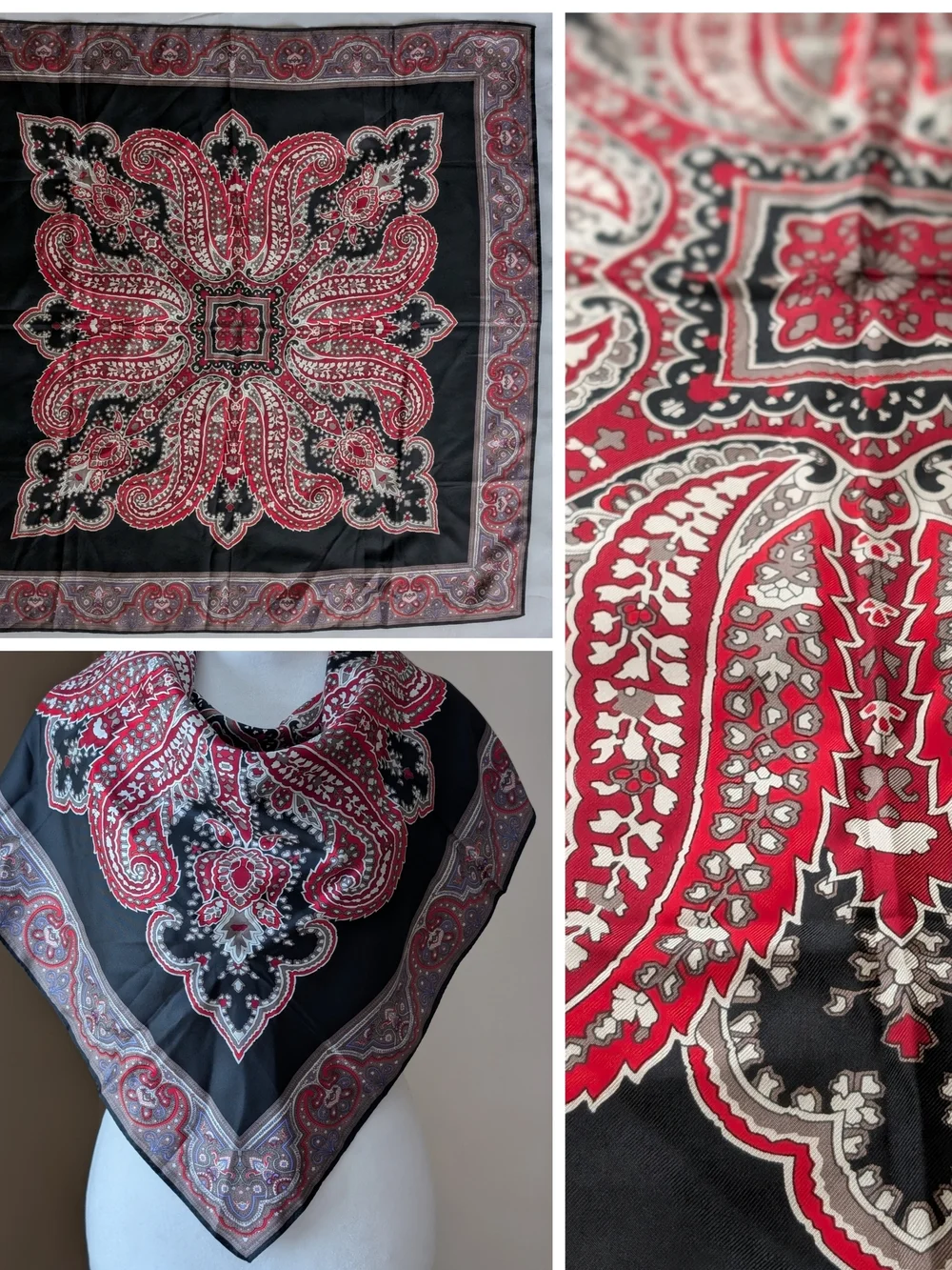 Van Horn Silk Scarf 31x30 Black Red Beige Floral